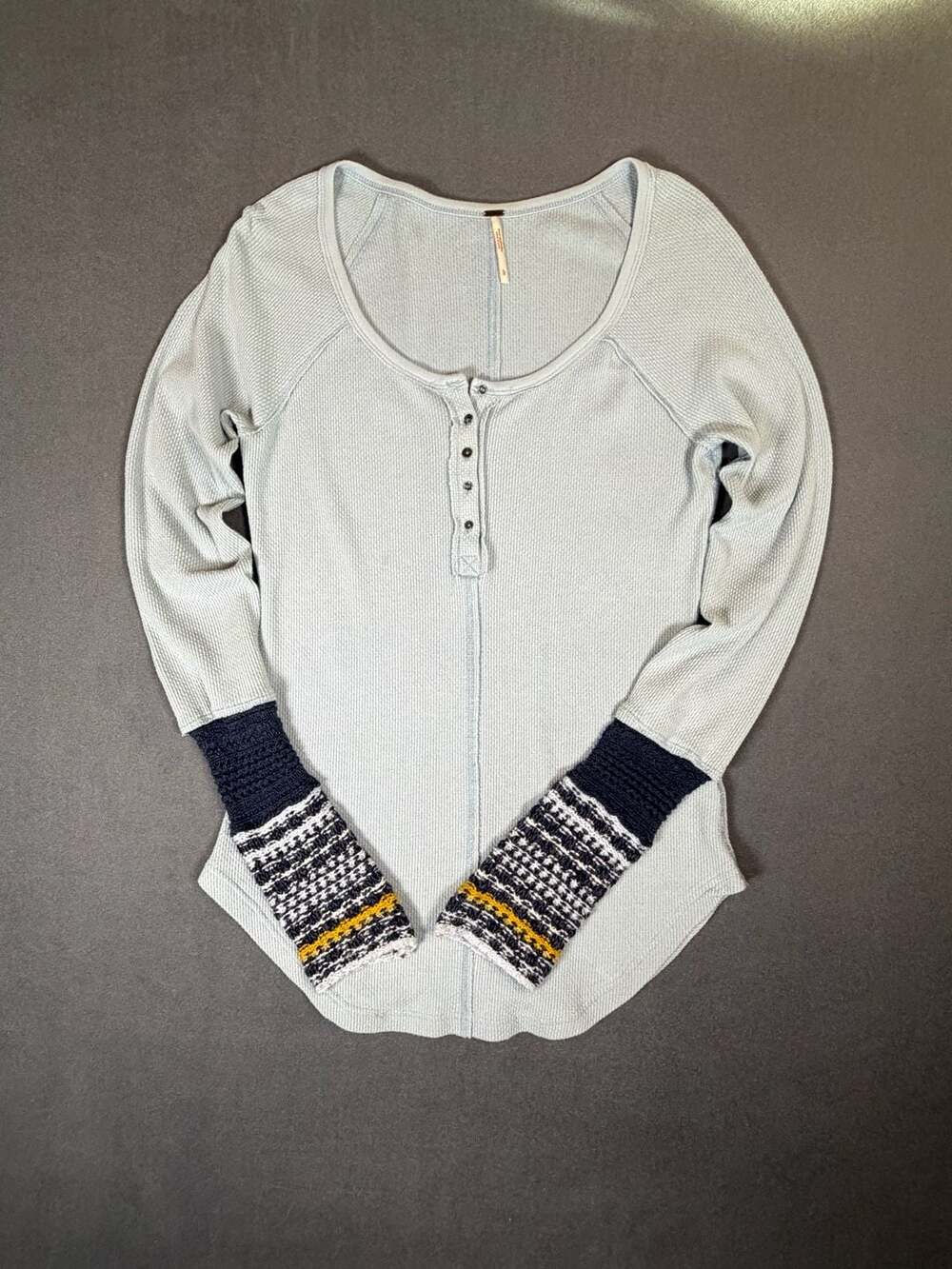 Free People Thermal Henley Top Size L Blue Long Sleeve Cuff